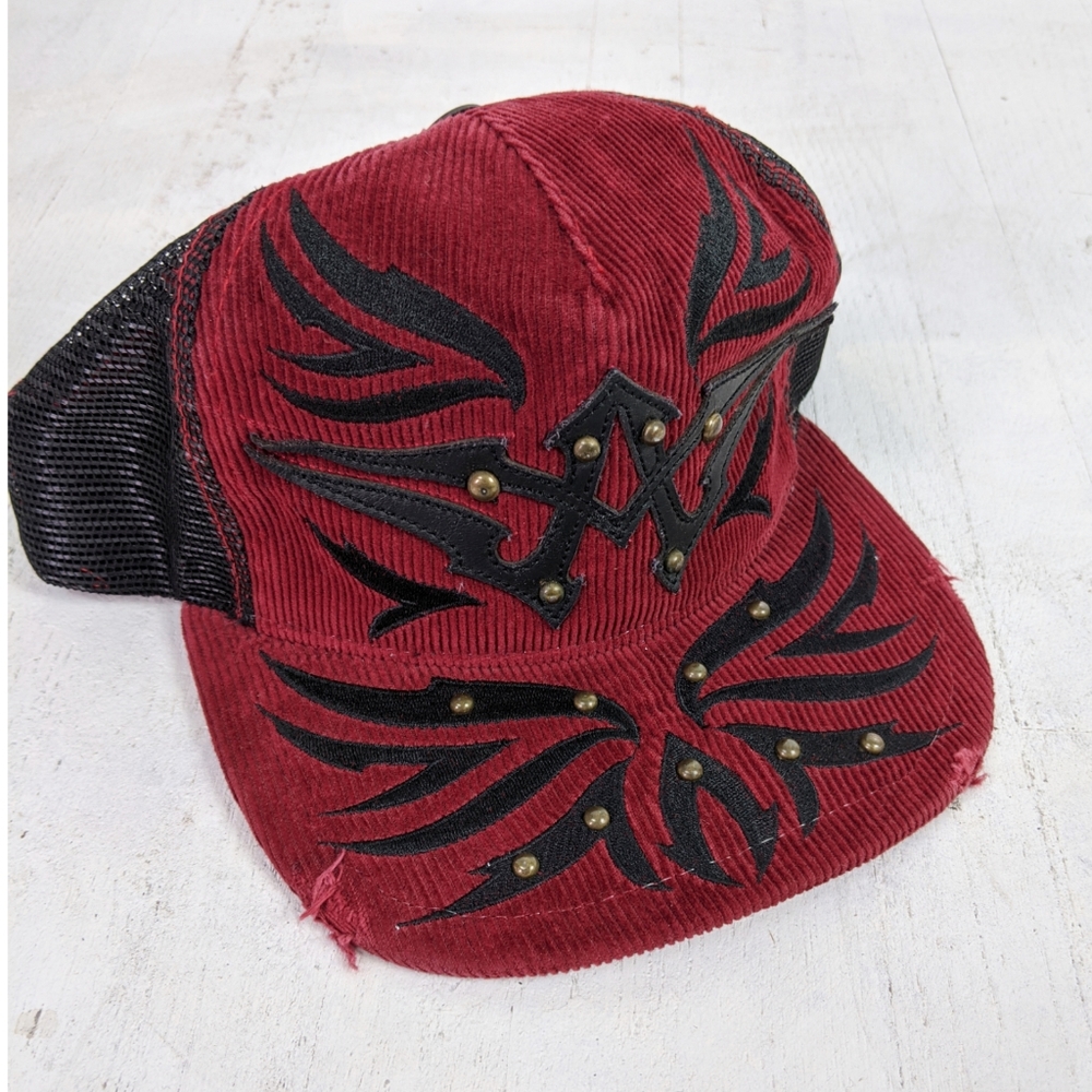 Burgundy corduroy affliction trucker hat